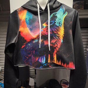 Howling Wolf Full Moon Black Crop Hoodie Size Small